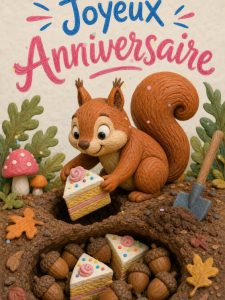 Carte anniversaire humour : l&rsquo;écureuil qui cache le gâteau