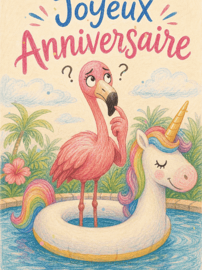 GIF animé : Carte anniversaire humour animée : le flamant et sa bouée licorne