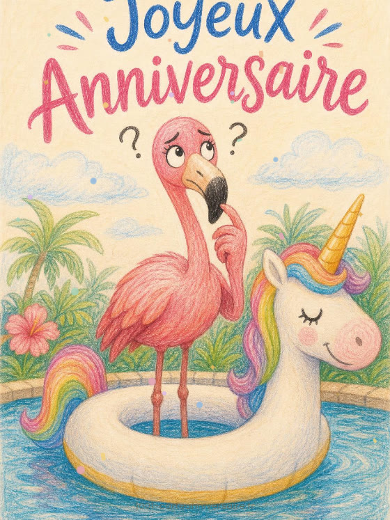 Image JPG : Carte anniversaire humour animée : le flamant et sa bouée licorne