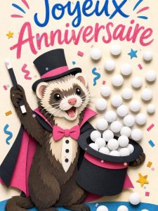 Carte anniversaire humour animée : furet magicien et tour raté