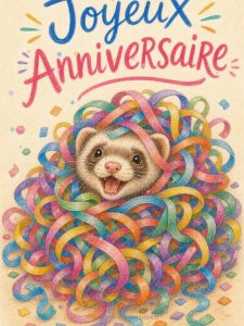 Carte anniversaire humour animée : le furet dans les serpentins