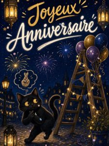 Carte anniversaire humour animée : le chat noir superstitieux