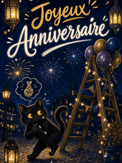GIF animé : Carte anniversaire humour animée : le chat noir superstitieux