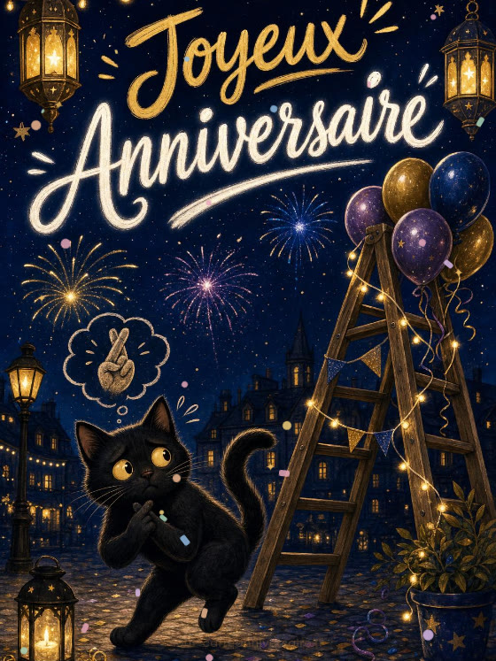 Image JPG : Carte anniversaire humour animée : le chat noir superstitieux