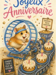 Carte anniversaire humour animée : hamster et roue à propulsion gâteau