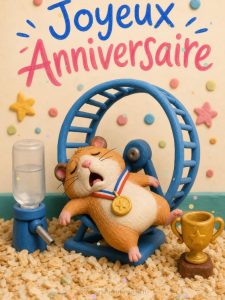 Carte anniversaire humour animée : le hamster a fini son marathon