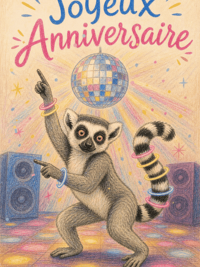 GIF animé : Carte anniversaire humour animée : le lémurien roi du dancefloor