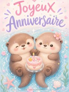 Carte anniversaire humour animée : loutres main dans la main au dessert