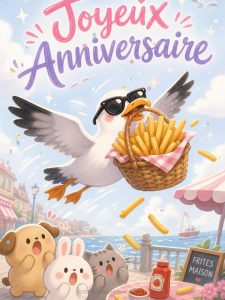 Carte anniversaire humour animée : mouette experte en frites volées