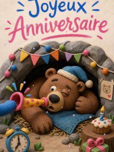 Carte anniversaire humour animée : ours réveillé en pleine hibernation
