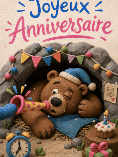 GIF animé : Carte anniversaire humour animée : ours réveillé en pleine hibernation