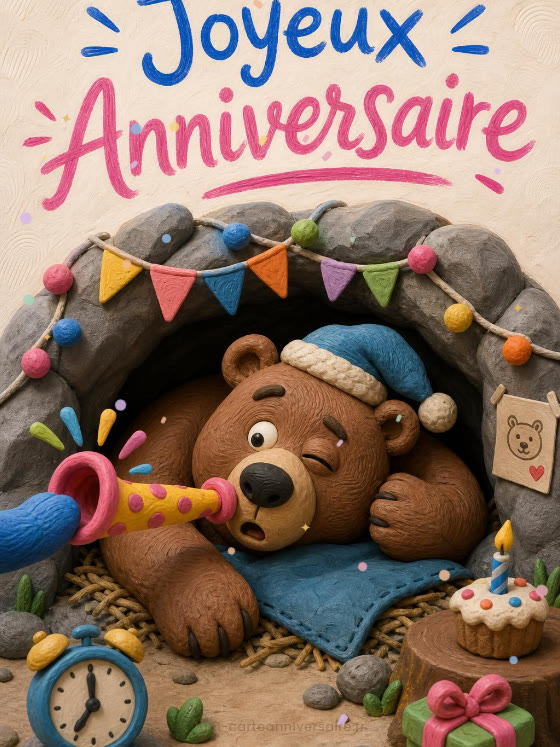Image JPG : Carte anniversaire humour animée : ours réveillé en pleine hibernation