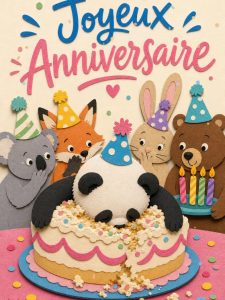 Carte anniversaire humour animée : le panda endormi dans le gâteau