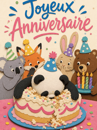 Carte anniversaire humour animée : le panda endormi dans le gâteau
