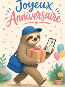 Carte anniversaire humour animée : livraison express par paresseux