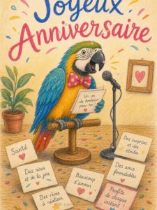 Carte anniversaire humour animée : perroquet qui répète les vœux