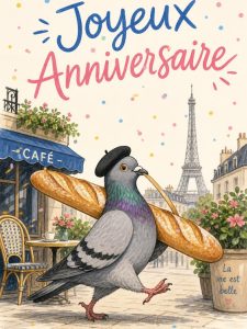 Carte anniversaire humour animée : pigeon parisien et baguette volée