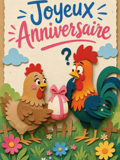 GIF animé : Carte anniversaire humour animée : la poule et son œuf cadeau