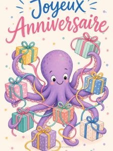 Carte anniversaire humour : le poulpe emballeur de cadeaux
