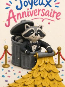 Carte anniversaire humour animée : raton laveur en smoking de gala