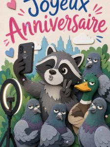 Carte anniversaire humour animée : raton laveur roi du selfie
