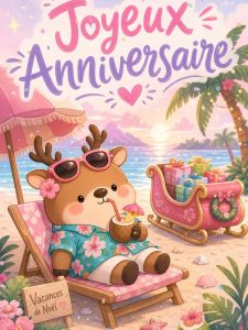 Carte anniversaire humour animée : le renne en vacances d'été