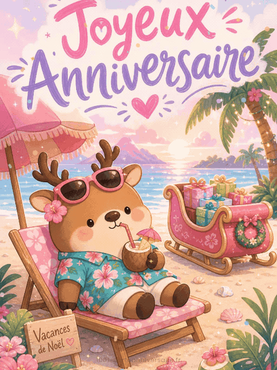GIF animé : Carte anniversaire humour animée : le renne en vacances d'été
