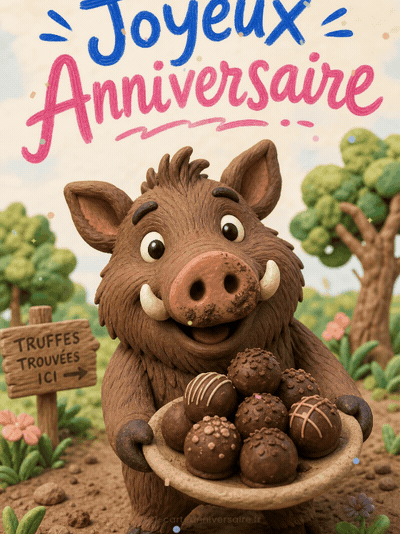 Carte anniversaire humour animée : sanglier et truffes au chocolat