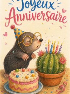 Carte anniversaire humour animée : taupe myope et gâteau introuvable