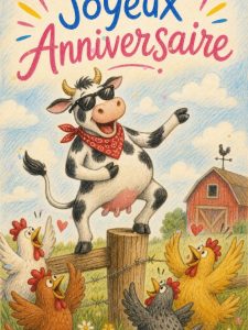 Carte anniversaire humour : la vache rockstar du pré