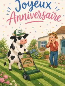 Carte anniversaire humour animée : vache embauchée comme tondeuse
