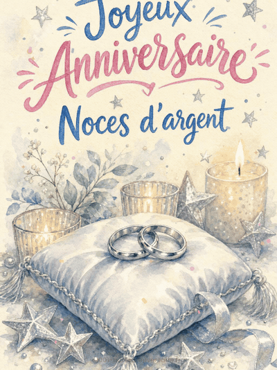GIF animé : Carte anniversaire de mariage animée : noces d'argent étincelantes