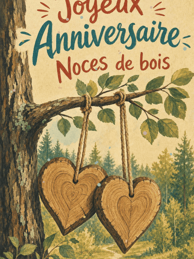 GIF animé : Carte anniversaire de mariage animée : noces de bois, racines solides