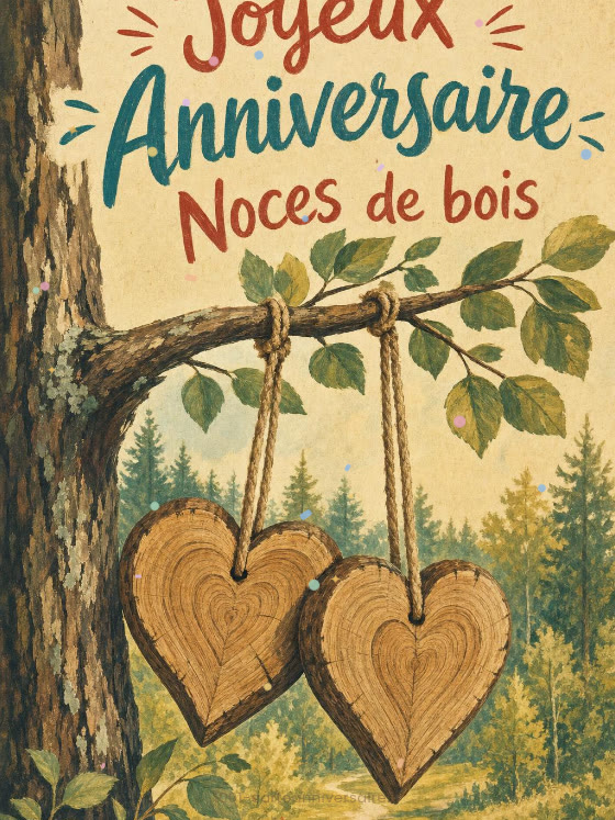 Image JPG : Carte anniversaire de mariage animée : noces de bois, racines solides