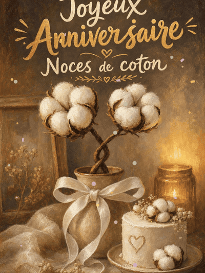 GIF animé : Carte anniversaire de mariage animée : noces de coton, tendres débuts