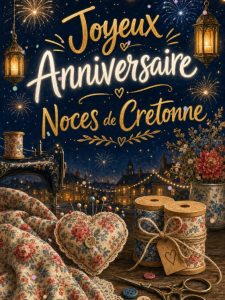 Carte anniversaire de mariage animée : 19 ans cousus main en cretonne