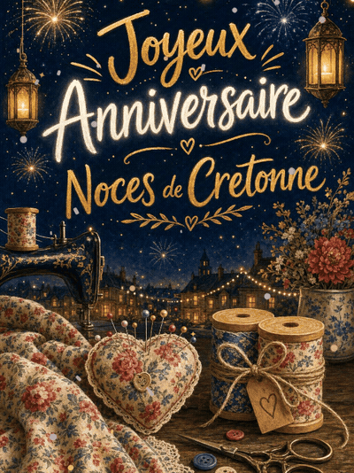 GIF animé : Carte anniversaire de mariage animée : 19 ans cousus main en cretonne