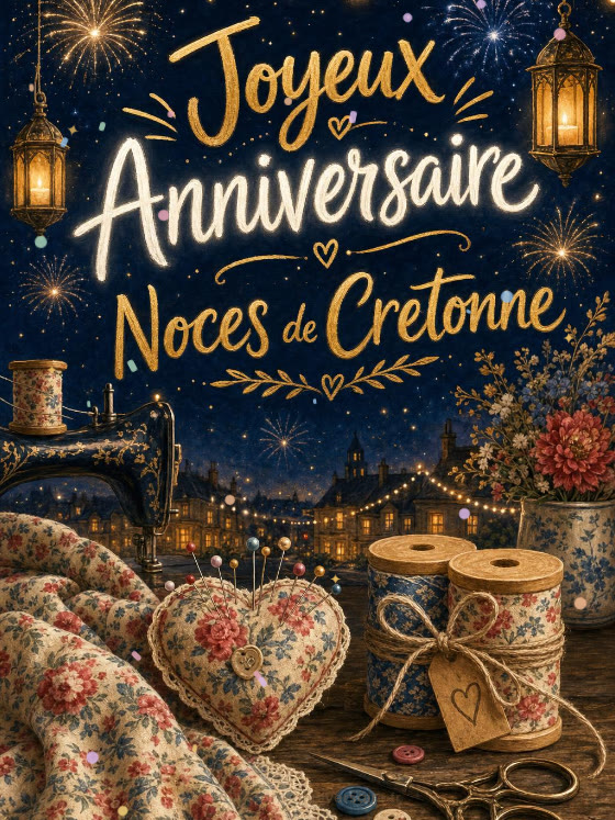 Image JPG : Carte anniversaire de mariage animée : 19 ans cousus main en cretonne