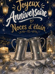 Carte anniversaire de mariage : noces d&rsquo;étain, éclat fidèle