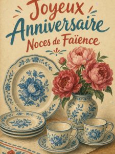 Carte anniversaire de mariage animée : neuf ans en faïence fleurie