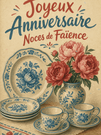 GIF animé : Carte anniversaire de mariage animée : neuf ans en faïence fleurie