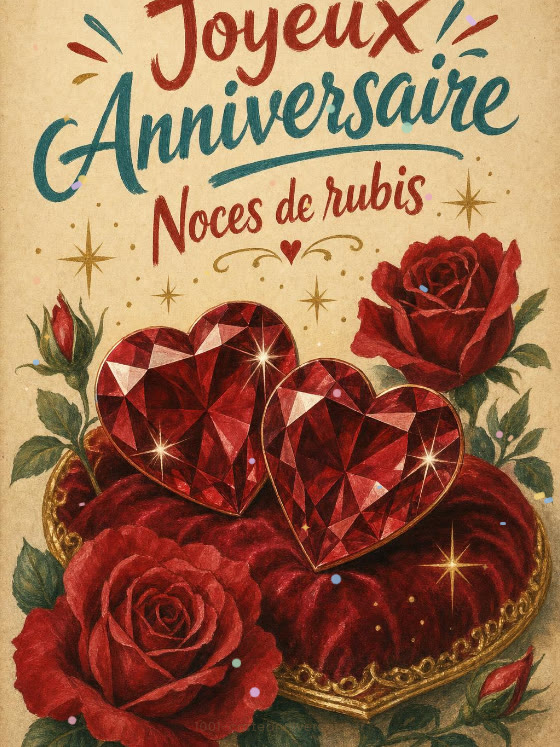 Image JPG : Carte anniversaire de mariage animée : noces de rubis flamboyantes