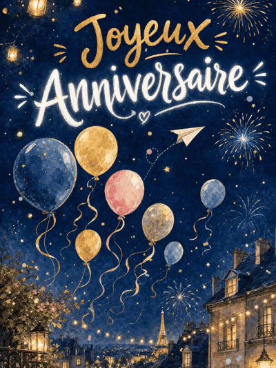 Carte anniversaire à imprimer animée : envolée de ballons aquarelle