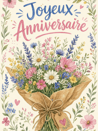 Carte anniversaire à imprimer animée : le bouquet champêtre