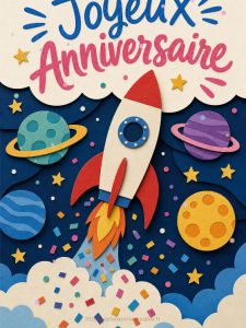Carte anniversaire à imprimer animée : fusée prête pour le décollage