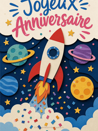 Carte anniversaire à imprimer animée : fusée prête pour le décollage