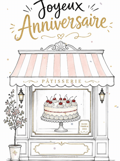 Carte anniversaire à imprimer animée : gâteau vitrine de pâtisserie