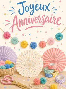 Carte anniversaire à imprimer animée : guirlande de pompons