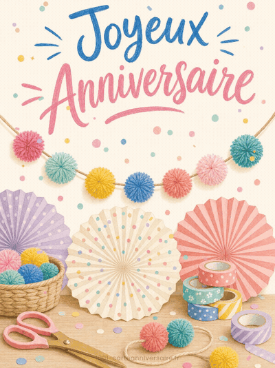 Carte anniversaire à imprimer animée : guirlande de pompons