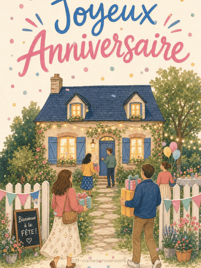 Carte anniversaire à imprimer animée : la petite maison en fête